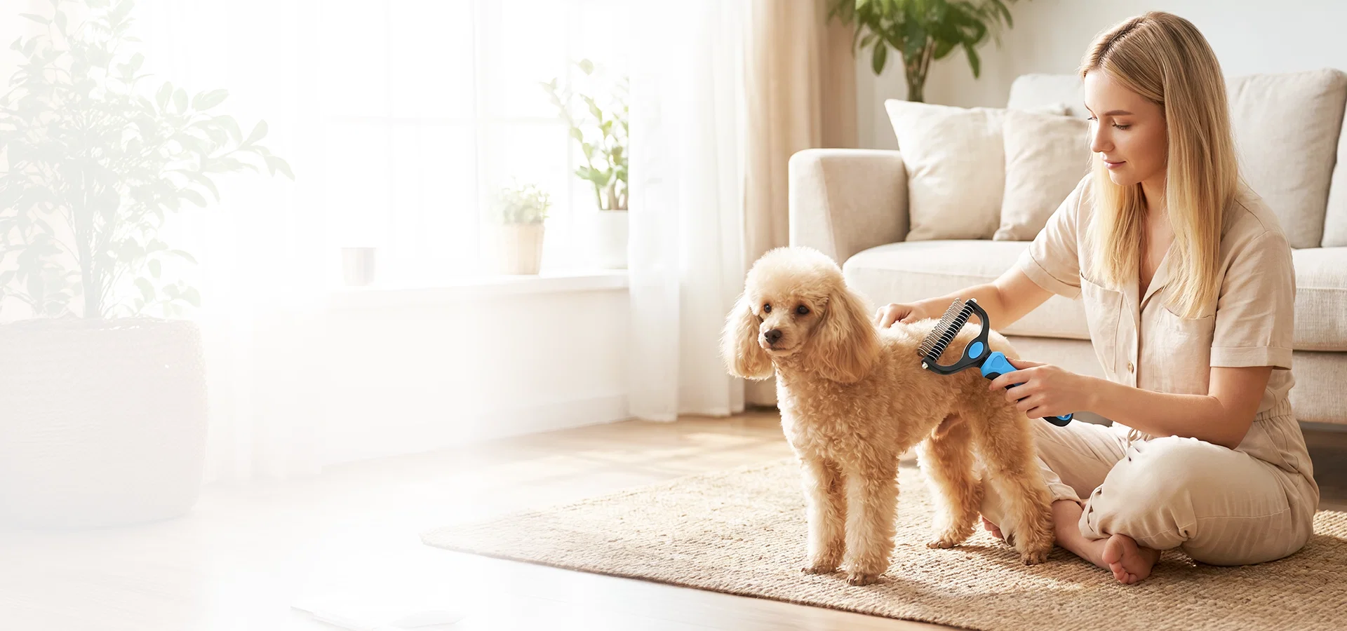 Escovagem de um cão de pelo encaracolado com a escova PawGlide